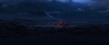 Movie still from “Frozen II” (2019), directed by Jennifer Lee – A man riding a horse drawn carriage in the dark; Extreme Wide shot, High angle
