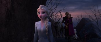 Movie still from “Frozen II” (2019), directed by Jennifer Lee – A scene from the movie frozen 2; Medium shot, Over the shoulder angle