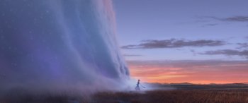 Movie still from “Frozen II” (2019), directed by Jennifer Lee – A person standing in a field near a water spout; Extreme Wide shot, Low angle