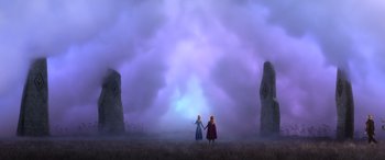 Movie still from “Frozen II” (2019), directed by Jennifer Lee – Two people holding hands in front of a purple cloudy sky; Extreme Wide shot, Low angle