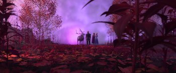 Movie still from “Frozen II” (2019), directed by Jennifer Lee – A group of people standing next to each other in a field; Extreme Wide shot, High angle