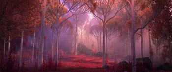 Movie still from “Frozen II” (2019), directed by Jennifer Lee – A forest with trees and a large rock in the middle of it; Extreme Wide shot, High angle