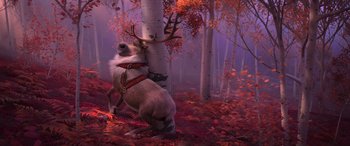 Movie still from “Frozen II” (2019), directed by Jennifer Lee – A dog in a harness with antlers on a tree in the woods; Wide shot, Overhead angle