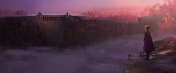 Movie still from “Frozen II” (2019), directed by Jennifer Lee – A painting of a bridge in the middle of the night; Extreme Wide shot, High angle