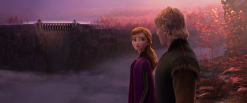 Movie still from “Frozen II” (2019), directed by Jennifer Lee – A couple of people standing next to each other in a field; Medium shot, Over the shoulder angle