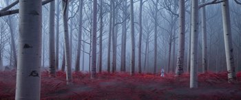 Movie still from “Frozen II” (2019), directed by Jennifer Lee – A fire hydrant in the middle of a foggy forest; Extreme Wide shot, Low angle