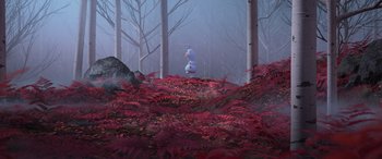 Movie still from “Frozen II” (2019), directed by Jennifer Lee – A snowman in the middle of the woods; Extreme Wide shot, High angle