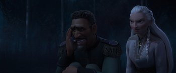 Movie still from “Frozen II” (2019), directed by Jennifer Lee – An animated character is talking on a cell phone; Close Up shot, Over the shoulder angle