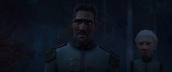 Movie still from “Frozen II” (2019), directed by Jennifer Lee – An animated man in a military uniform with a beard; Close Up shot, Over the shoulder angle