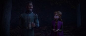 Movie still from “Frozen II” (2019), directed by Jennifer Lee – A man and a woman standing next to each other in the dark; Medium shot, Over the shoulder angle