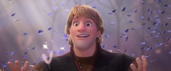 Movie still from “Frozen II” (2019), directed by Jennifer Lee – A cartoon of kristoff looking up at the sky; Close Up shot, Low angle