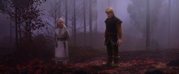 Movie still from “Frozen II” (2019), directed by Jennifer Lee – A couple of people standing next to each other in the woods; Wide shot, High angle
