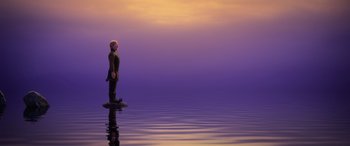 Movie still from “Frozen II” (2019), directed by Jennifer Lee – A man standing in the middle of a body of water; Extreme Wide shot, Low angle
