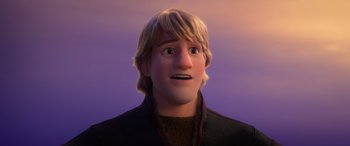 Movie still from “Frozen II” (2019), directed by Jennifer Lee – A cartoon of kristofer from tangled looking surprised at the viewer; Close Up shot, Low angle