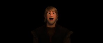 Movie still from “Frozen II” (2019), directed by Jennifer Lee – A man with blonde hair is looking up at the sky; Medium shot, Low angle