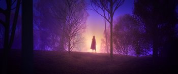 Movie still from “Frozen II” (2019), directed by Jennifer Lee – A woman standing in the middle of a forest at night; Extreme Wide shot, Low angle