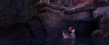 Movie still from “Frozen II” (2019), directed by Jennifer Lee – A woman is in a boat in the middle of the water; Extreme Wide shot, Overhead angle