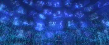 Movie still from “Frozen II” (2019), directed by Jennifer Lee – A man standing in front of a wall with a bunch of pictures on it; Extreme Wide shot, Over the shoulder angle