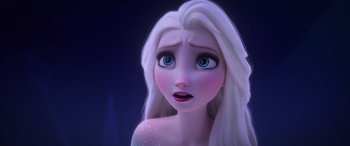 Movie still from “Frozen II” (2019), directed by Jennifer Lee – A person with long white hair; Close Up shot, Over the shoulder angle