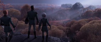 Movie still from “Frozen II” (2019), directed by Jennifer Lee – Two people standing on top of a hill looking at a valley; Wide shot, High angle