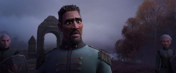 Movie still from “Frozen II” (2019), directed by Jennifer Lee – An animated man in a military uniform looks at the camera; Medium shot, Over the shoulder angle