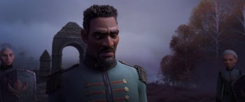 Movie still from “Frozen II” (2019), directed by Jennifer Lee – An african american man in a military uniform; Medium shot, Over the shoulder angle