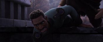 Movie still from “Frozen II” (2019), directed by Jennifer Lee – An animated character is laying on the ground; Medium shot, High angle