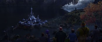 Movie still from “Frozen II” (2019), directed by Jennifer Lee – A group of people standing on a cliff looking at a castle; Extreme Wide shot, High angle