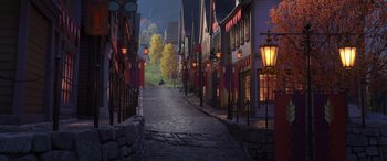 Movie still from “Frozen II” (2019), directed by Jennifer Lee – An image of a street scene at night time; Extreme Wide shot, High angle