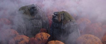 Movie still from “Frozen II” (2019), directed by Jennifer Lee – A large rock in the middle of a foggy forest; Extreme Wide shot, Overhead angle