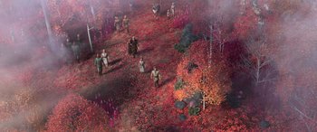 Movie still from “Frozen II” (2019), directed by Jennifer Lee – An aerial view of people walking through a forest; Extreme Wide shot, High angle