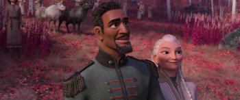 Movie still from “Frozen II” (2019), directed by Jennifer Lee – A man and a woman are standing next to each other; Medium shot, Over the shoulder angle