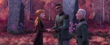 Movie still from “Frozen II” (2019), directed by Jennifer Lee – A couple of people standing next to each other in a field; Medium shot, Over the shoulder angle