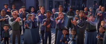 Movie still from “Frozen II” (2019), directed by Jennifer Lee – A group of people standing next to each other on a street; Wide shot, Over the shoulder angle