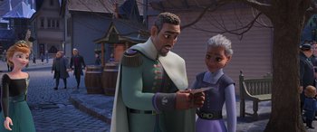 Movie still from “Frozen II” (2019), directed by Jennifer Lee – A man and a woman standing next to each other; Medium shot, Over the shoulder angle