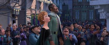 Movie still from “Frozen II” (2019), directed by Jennifer Lee – A group of people standing in front of each other; Medium shot, Over the shoulder angle