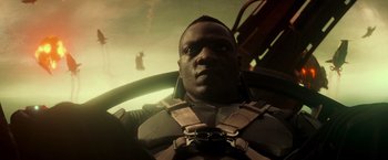 Movie still from “G.I. Joe: The Rise of Cobra” (2009), directed by Stephen Sommers – A person in a fighter jet; Close Up shot, Low angle