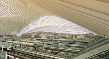 Movie still from “Gemini Man” (2019), directed by Ang Lee – A train station with many trains parked on the tracks; Extreme Wide shot, High angle