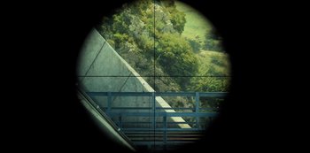 Movie still from “Gemini Man” (2019), directed by Ang Lee – Looking through a telescope at a view of trees and a hillside; Extreme Close Up shot, Overhead angle