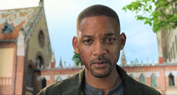 Movie still from “Gemini Man” (2019), directed by Ang Lee – A man in a green jacket is looking straight ahead; Close Up shot, Low angle