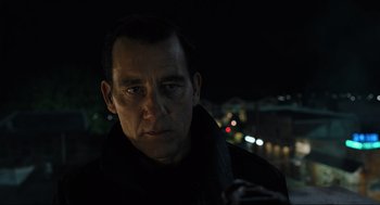 Movie still from “Gemini Man” (2019), directed by Ang Lee – A person wearing a black jacket; Close Up shot, Low angle