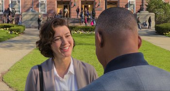 Movie still from “Gemini Man” (2019), directed by Ang Lee – A woman and a man talking to each other outside; Medium shot, Over the shoulder angle