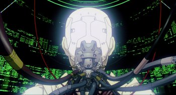 Movie still from “Ghost in the Shell” (1995), directed by Mamoru Oshii – An image of an animated character in a computer game; Close Up shot, Low angle