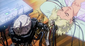 Movie still from “Ghost in the Shell” (1995), directed by Mamoru Oshii – An animated scene of a woman in a white shirt; Extreme Close Up shot, Overhead angle