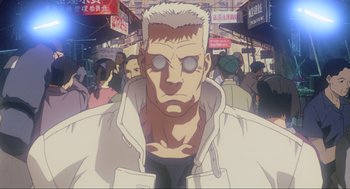 Movie still from “Ghost in the Shell” (1995), directed by Mamoru Oshii – A man in a crowd of people wearing a white jacket; Close Up shot, Low angle