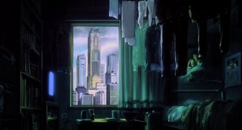 Movie still from “Ghost in the Shell” (1995), directed by Mamoru Oshii – A painting of a room with a view of a city; Extreme Wide shot, Low angle