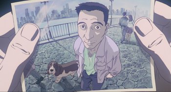 Movie still from “Ghost in the Shell” (1995), directed by Mamoru Oshii – A man and a dog standing next to each other on a stone walkway; Extreme Close Up shot, Overhead angle