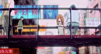 Movie still from “Ghost in the Shell” (1995), directed by Mamoru Oshii – A dog is sitting on a bridge in a city; Wide shot, Low angle