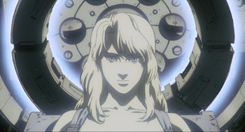 Movie still from “Ghost in the Shell” (1995), directed by Mamoru Oshii – A woman's face in front of a spaceship; Close Up shot, Low angle