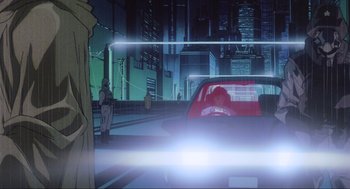 Movie still from “Ghost in the Shell” (1995), directed by Mamoru Oshii – A car driving down a street at night time; Extreme Wide shot, Low angle